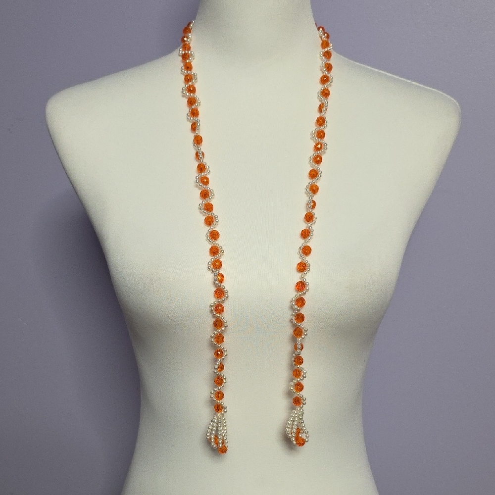 Elegant Handmade Orange and‎ White Beaded Necklace 38"
